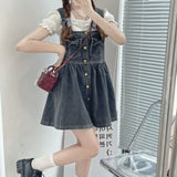 Patcute Kawaii Strap Denim Short Dress Girls Overalls Summer Fashion High Waist Jeans Clothes Vintage Bow Casual Sleeveless Doll Dresses