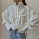 Patcute  Ruffle Loose Shirts For Women 2024 Spring White Turtleneck Long Sleeve Women's Shirt Street Casual Oversized Shirt Femme