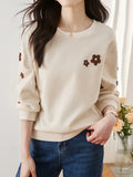 Patcute  Fall Winter O Neck Long Sleeve Pullovers Girls New Korean Fashion Apricot Loose Casual Tops Sweatshirts Women Embroidered