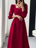 Patcute  Korean Fashion Women Vintage Casual A-Line Party Dress Elegant and Chic Solid Birthday One Pieces Vestidos Red Prom Female Robe