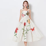 Patcute  Runway Summer Embroidery Cotton Long Dress For Women Straps Beach Holiday Sundress Butterfly Fashion Elegant Midi Dresses Lady