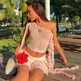 Patcute Pink Ruffles Holidays Skirts Sets Summer Women Sexy One Shoulder Tops and Mini Skirts Two Piece Sets Fashion Sheer Outfits 2024