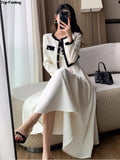 Patcute Elegant Solid Midi Dress 2 Piece Set Office Lady Chic Suit Spring Short Jacket Sleveless A-line Dresses Outfits Korean Clothes