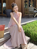 Patcute Summer New Elegant Flower Neck Pleated A-Line Loose Dress