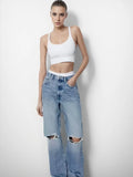 Patcute new women's fashion distressed high waisted slimming wide leg straight leg jeans