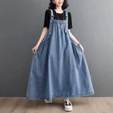 Patcute  Spring Summer Women Denim Suspender Long Skirt Loose Casual Punk Vintage Style Cargo Female Popular Large Swing Dress Z691