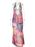 Patcute  Elegant Tie Dye Floral Chiffon Dress Summer Sexy Women Backless Lace Bodycon See Through  Beach Party Vestidos