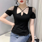 Patcute 2024 New Summer European Clothes T-Shirt Chic Sexy Hollow Out Shiny Shouldered Drill Collar Women Tops Short Sleeve Tees 42014