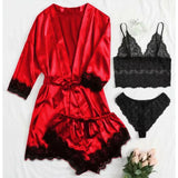 Patcute  Women' Silk Satin Pajamas Set 4pcs Lingerie Floral Lace Sleepwear With Robe Nightgown Long