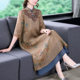 Patcute Autumn New Women's Silk Cotton Hemp Short Sleeve Dress Flower Embroidered Long Slim Dress Loose Size Knee Length Robe