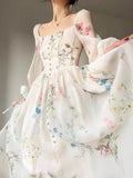 Patcute French Elegant Floral Midi Dress Chiffon Long Sleeve Evening Party Dress Woman Beach Fairy One Piece Dress Korean 2024 Summer