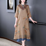 Patcute Autumn New Women's Silk Cotton Hemp Short Sleeve Dress Flower Embroidered Long Slim Dress Loose Size Knee Length Robe