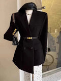 Patcute New Autumn Black Suit Long Jacket High-end Slim Fit Metal Double-breasted Irregular Suit Dress Women's Suit Jacket Office