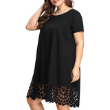 Patcute  Plus Size Women Dress Sexy Lace Solid Short Sleeve O-Neck Hollow Out Casual Dress Bohemian Beach Holiday Loose Summer Mini Dress