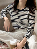 Patcute  Autumn T-Shirt Woman Korea Loose Cotton T Shirt Women Casual Top Tee Green Black Striped Long Sleeve Tshirt Basic Winter