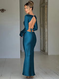 Patcute Elegant Satin Backless Maxi Long Dress For Women Fashion O Neck Long Sleeve Bodycon Club Party Sexy Long Dress New