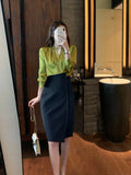 Patcute Two Piece Shirt Long Sleeve Satin Top High Waist Asymmetric Short Skirt Suit Sexy Pack Hip Slit Skirt Two Piece Office Dress