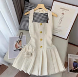 Patcute Small Fragrant France Tweed Summer Backless Dress Sweet Fashion Women Halter Golden Button Tassel Wool Slim Pleated Mini Dresses