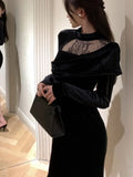 Patcute Elegant Velvet Dress Women Autumn Winter Long Sleeve O-neck Lace Slim Sexy Bodycon Female Evening Party Prom Robe Vestidos Mujer