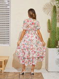 Patcute Sexy V Neck Beach Dress Woman Bodycon Short Sleeve Maxi Dress Elegant Pleated Pink Floral Long Summer Dresses For Women 2024