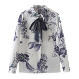 Patcute * Spring/Summer New Women's Fashion and Versatile European and American Style Bow Satin Printed Shirt