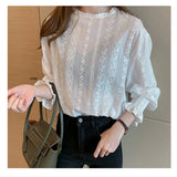 Patcute  Womens White Tops Blouses Cotton Linen Blouse Button Solid Stand Collar Ladies Lace Tops Women Ruffle Shirt Blusas Feminine