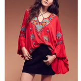 Patcute Boho Blouse 2024 Floral Embroidered Flare Long Sleeve V-neck Casual Holiday Chic Bohemia Loose Style Women Top Hippie Blouses