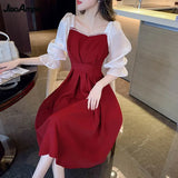 Patcute   Summer Women's French Pearl Collar Midi Dress Korean Ladies Graceful Evening Party Patchwork Red Gown Slim Waist Dresses