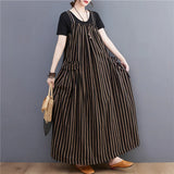 Patcute #3389 Summer Vertrical Striped Dress Women Pockets Loose Vintage A-line Dress Sleeveless Spaghetti Strap Dress Ankle-length