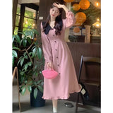 Patcute  French Vintage Elegant Peter Pan Collar Pink Long Dress Women Spring Autumn Fashion Sweet design Ladies Loose Casual Midi Dress