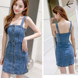 Patcute  Women Denim A Line Dress Korean Single-Breasted Pockets Design Blue Strap Dresses Female Sexy Skinny Collect Waist Jean Dress