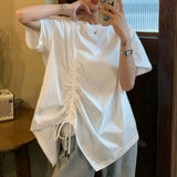 Patcute  Large Size 6XL 150kg Summer Irregular T shirt For Women O Neck Short Sleeve Big Top Solid Color White Casual tshirt