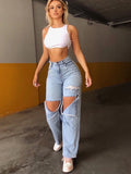 Patcute  Women Wide Leg Streetwear Baggy Ripped Jeans Lady Blue Y2K Punk Loose Oversize Hole Denim Pants Vintage Distressed Light Trouser