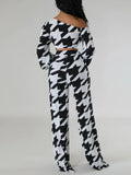 Patcute  Houndstooth Two Pieces Pants Suits Trendy Geometric Print 2pcs Streetwear Long Sleeve Tie Waist Crop Top&Wide Leg Loose Pants