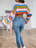 Patcute   Rainbow Striped Tassel Crop Sweater Women  Autumn New Long Sleeve Streetwear Y2K Fashion Loose Knitted Pullovers