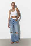 Patcute new women's fashion distressed high waisted slimming wide leg straight leg jeans