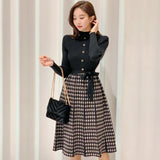 Patcute  Korean Elegant Knitted Plaid Patchwork Midi Dress for Women Long Sleeve O-neck Bird Lattice Bow Pleated Dress Autumn Winter