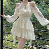 Patcute Elegant Luxury Dresses for Women Fairycore Casual Chiffon Dress Sweet Short Skirt Fashion Summer White Mini Dress Slim