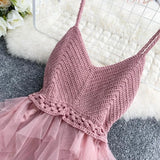 Patcute  Summer Sleeveless Sling Gauze Tulle Dress Women knit V-neck Sexy Backless Long Dresses Sweet Mesh Pink Party Dress Vestidos