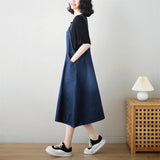 Patcute  Summer Black Blue Vintage A-line Dress Sleeveless Casual Vintage Denim Dress Pockets Overall Midi Jeans Dress Femme Sexy