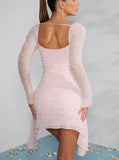 Patcute Fashion New Elegant Long Sleeve Bodycon Mini Dress Sparkly Ruched Mesh Party Evening Sexy Dress Woman