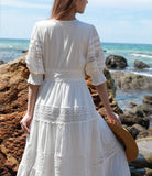 Patcute 100% Cotton White Lace Dresses Women Vintage V-neck Puff Sleeve Long Dress Summer High Quality Casual Boho Beach Wear Vestidos