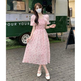 Patcute French Puff Sleeve Floral Dress Women 2024 Summer New High Waist Thin Mid Length Dresses Girls Casual Elegant Dress Female