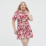 Patcute Plus Size Dress 100% Polyester Dresses For Women Summer Elegant Party Lapel Neck Printed Dress Short Sleeves Over Size Clothing