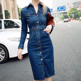 Patcute Denim Dresses For Women Autumn New Long Sleeve Pocket Button Belt Solid Daily Office Lady Elegant Fashion Casual Female Dress