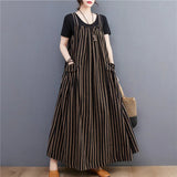 Patcute #3389 Summer Vertrical Striped Dress Women Pockets Loose Vintage A-line Dress Sleeveless Spaghetti Strap Dress Ankle-length