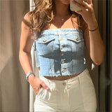 Patcute  Women Denim Strapless Bandeau Top Backless Bustier Cropped Jean Buttons Tube Tank Top Elastic Back Y2K Vintage Blouse Streetwear