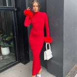 Patcute  Women Long Sleeve Fur Patchwork Bodycon Streetwear Red Long Dress 2024 Autumn Clothes Wholesale Items For Business