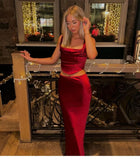 Patcute  Wine Christmas Dress Women Satin 2 Piece Dress Set Elegant Bodycon Corset Cropped Top and Long Skirt Women Clothing