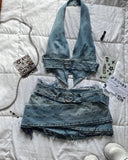 Patcute Y2K Light Blue Two Piece Sets Womens Outfits Gothic Vintage Denim Skirt Tops Sets Harajuku Sexy Slim Halter Tops Mini Hip Skirt